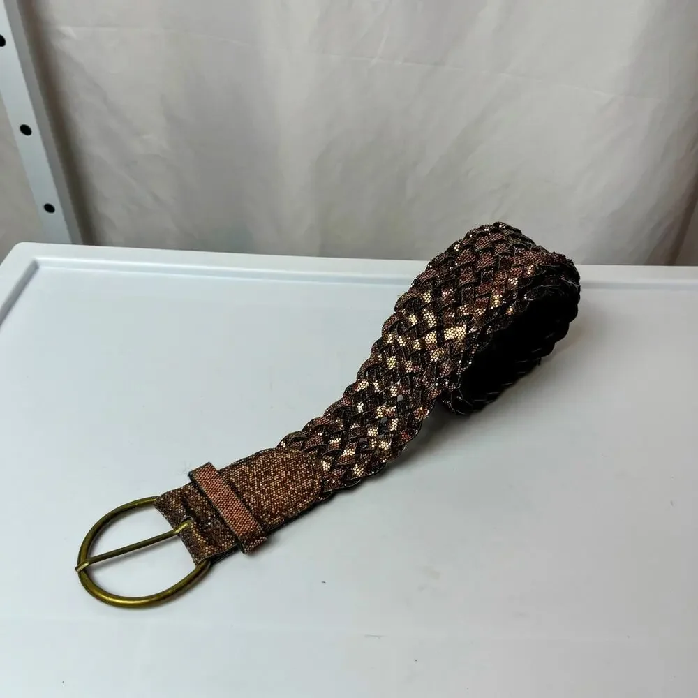 Sparkly Gold‎ Bronze Woven Belt 39” x 2” Glam Party Y2K Retro Disco Shimmering